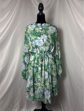 Clarisbelle Medium Green Floral Knee-Length Dress with Long Puff Sleeves and Tie